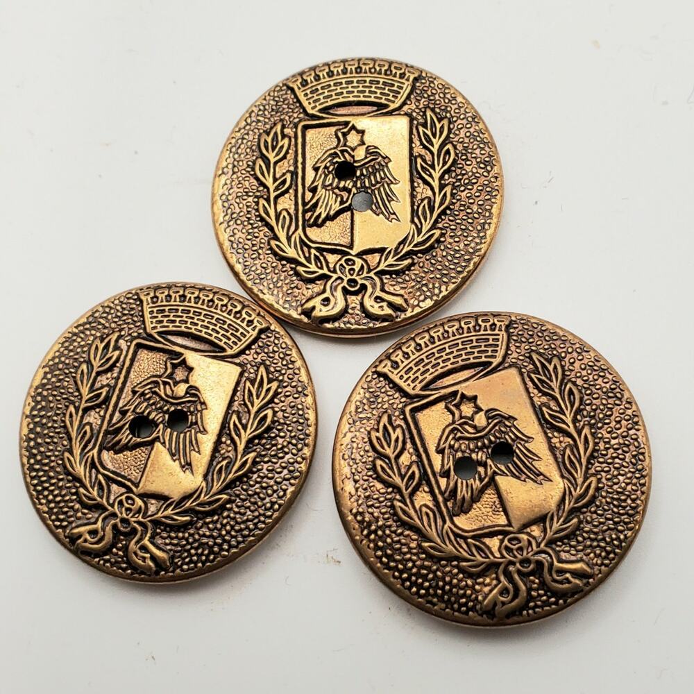 3 Vintage Brass Alloy 1" Buttons Wings Star‎ Shield Laurel Wreath Crown Military